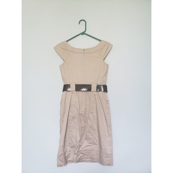 White House Black Market Womens Sz 0 Mini Dress Belted Tan Cap Sleeve Stretch - Picture 2 of 5